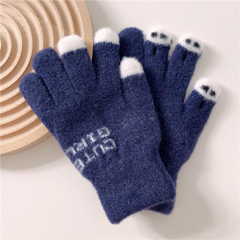 Knitted Wool Warm Gloves for Winter Women Cartoon Cute Thickened Student Writing Cold Proof Five Fingers Revealing Fingers To Touch Screen