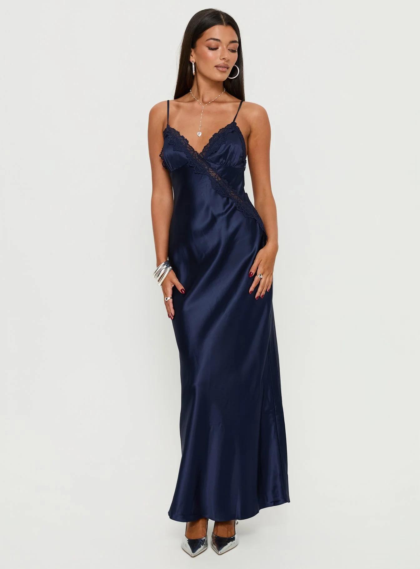 

2025 Chic European & American V-neck Slimming Dress for Women Medium синий