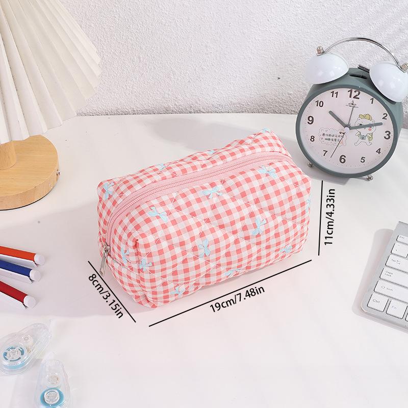 Cute Plaid Bow Bear Pen Case Cosmetic Bag Girly Makeup Storage Bag Portable Large Capacity Organizer Bag Student Stationery Gift