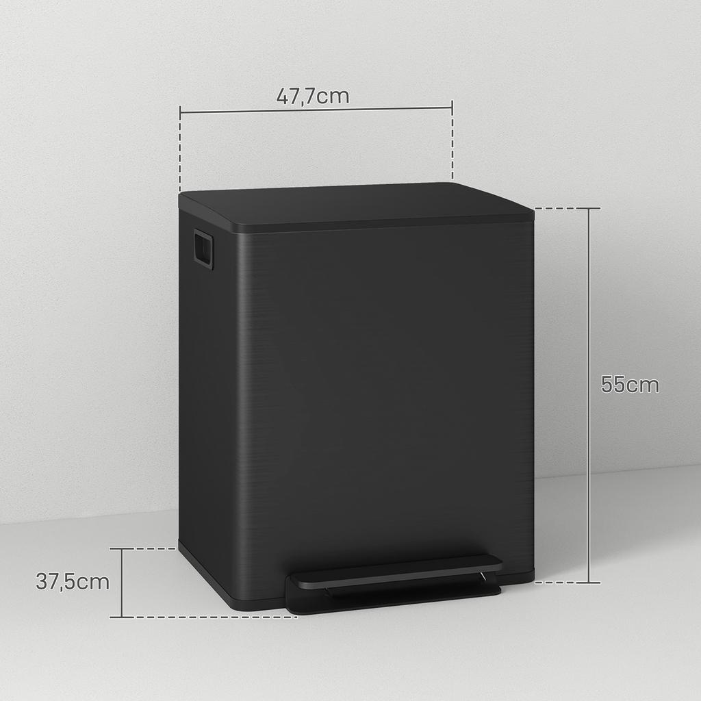50L Dual Compartment Stainless Steel Bin, with Deodoriser Holders - Black