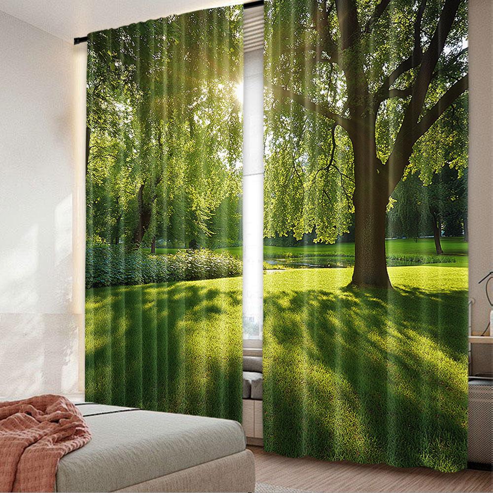 2Pcs Green Curtain Summer Park In Germany Trees Sunlight Forest Nature Scenic Outdoors Suitable For Bedroom Bathroom Living Room