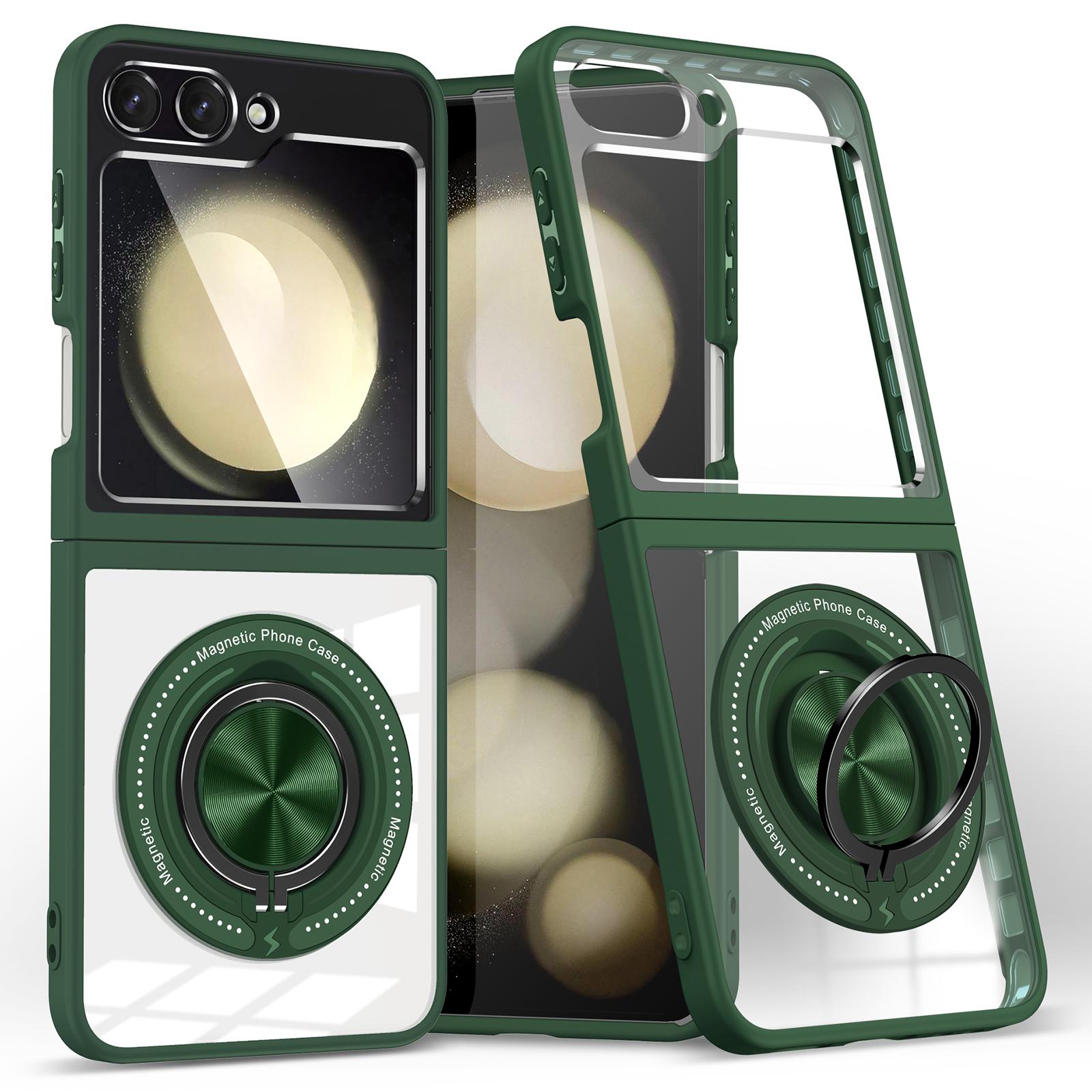

For Samsung Galaxy Z Flip7 FE 5G/Z Flip6 5G Magnetic Case TPU Frame Clear PC Back Kickstand Phone Cover Blackish Green