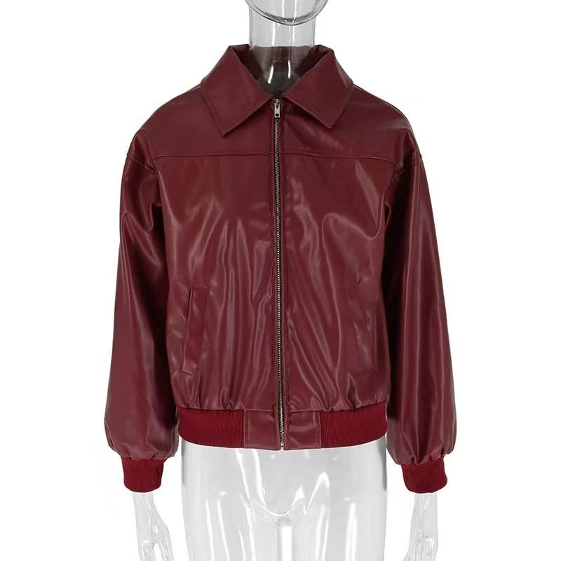 

Повседневное пальто из искусственной кожи в западном стиле, свободного кроя, с лацканами, верхняя одежда, куртка из искусственной кожи с лацканами на молнии Red S