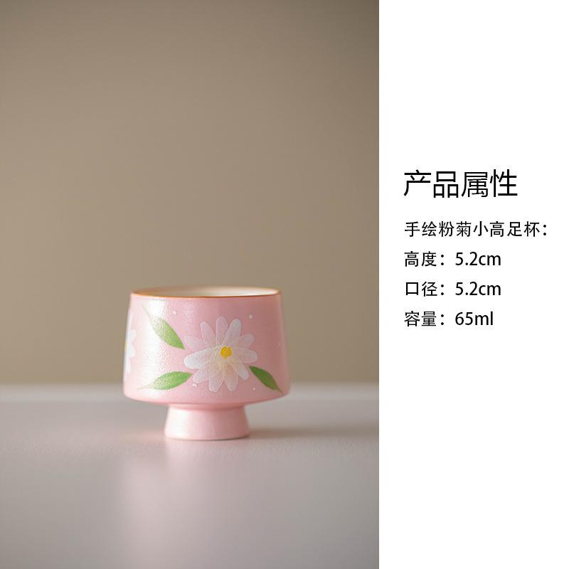 

2pc/lot Hand Drawn Chrysanthemum Pink High Foot Teacup Retro Tea Bowl Jug Tea-tasting Smelling Cup Chazhan Master Cups Tea 65ml