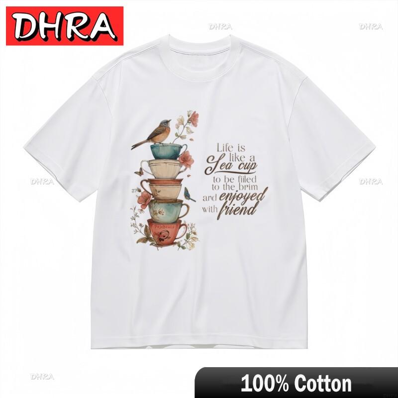 Womens Fashion Classic TShirt Floral Teapot Friendship Slogan White Cotton Tee Graphic Urban Minimalist Clothing Graphic S
