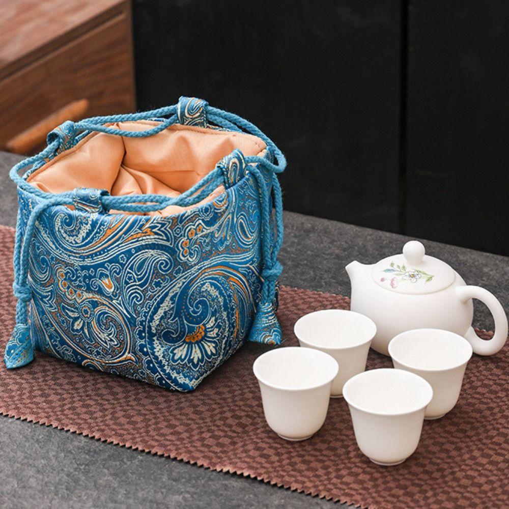 Chinese Style Teacup Drawstring Cloth Pouch Breakage-proof Embroidered Handbag  Purse