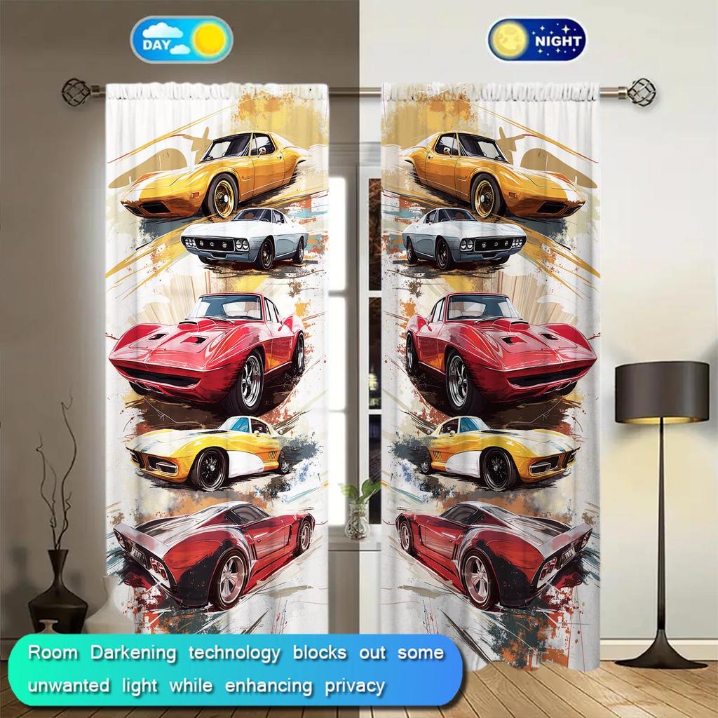 2-Panels Vintage Sports Car Illustration Printed Curtains   Shade and Privacy Protection   Suitable for Decorating Various Rooms
