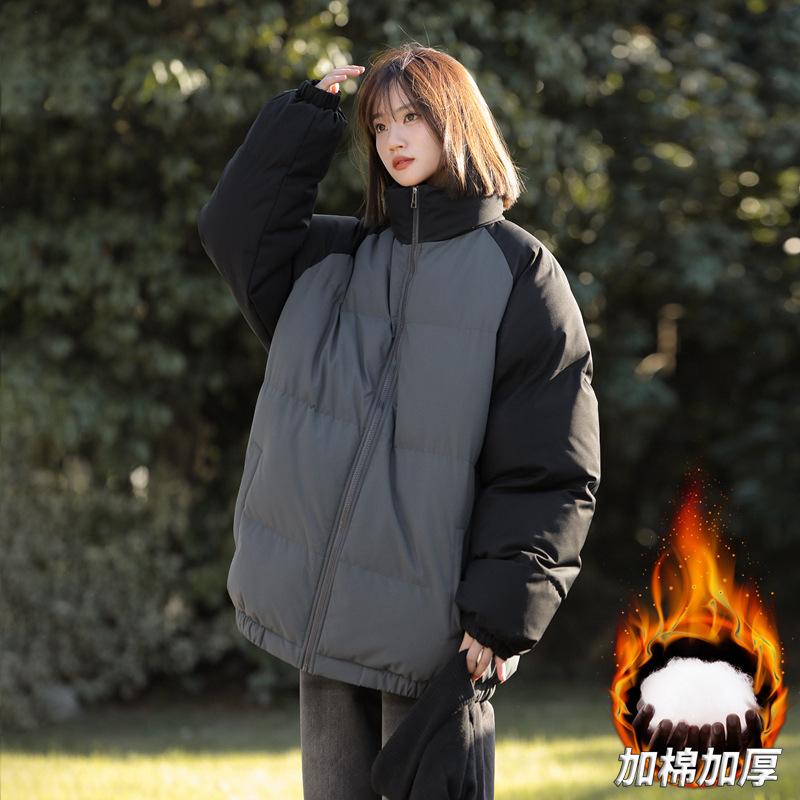 

Couple s cotton jacket winter new thickened warm bag trendy color matching stand-up collar loose cotton-padded men s clothing S