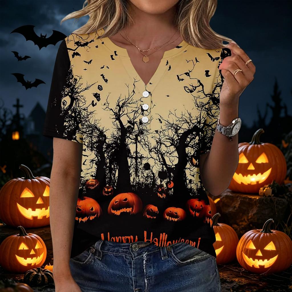 Women's Halloween Print Loose Fit V Neck Short Sleeve Top with Button Detail and Front Pocket Casual Blouse for Seasonal Wear