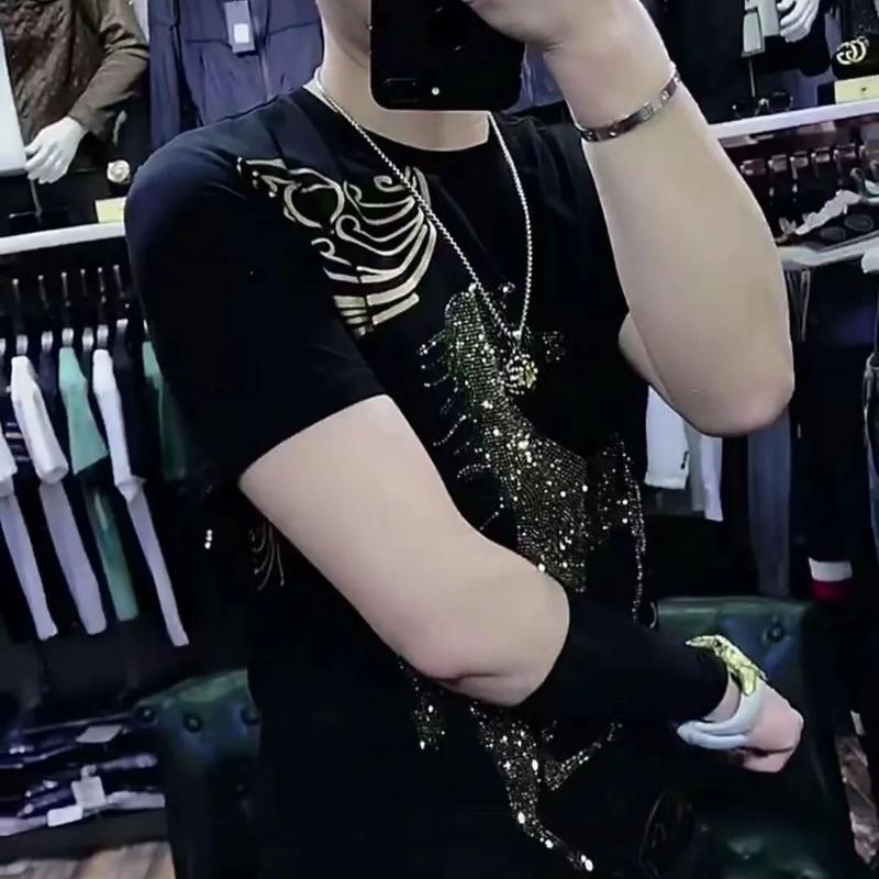 

Новая мужская футболка Leisure Trend с круглым вырезом и принтом, летняя мужская мода, облегающий топ с коротким рукавом и бриллиантами 4XL чёрный