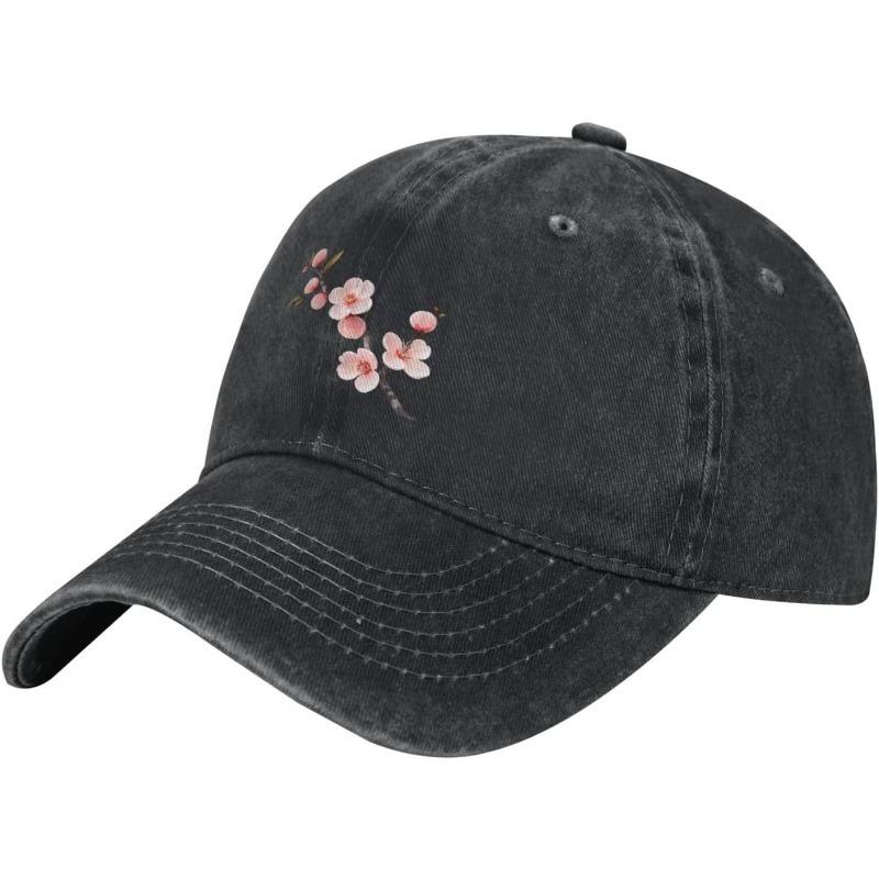 Black Beautiful Peach Blossom Branches Printed Washed Cowboy Baseball Cap for Adults Stylish and Breathable Hat