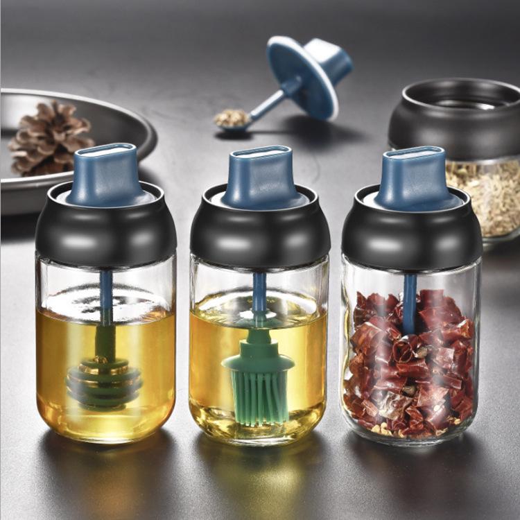 Moisture-Proof Glass Seasoning Bottle Set with Spoon Lid and Oil Brush