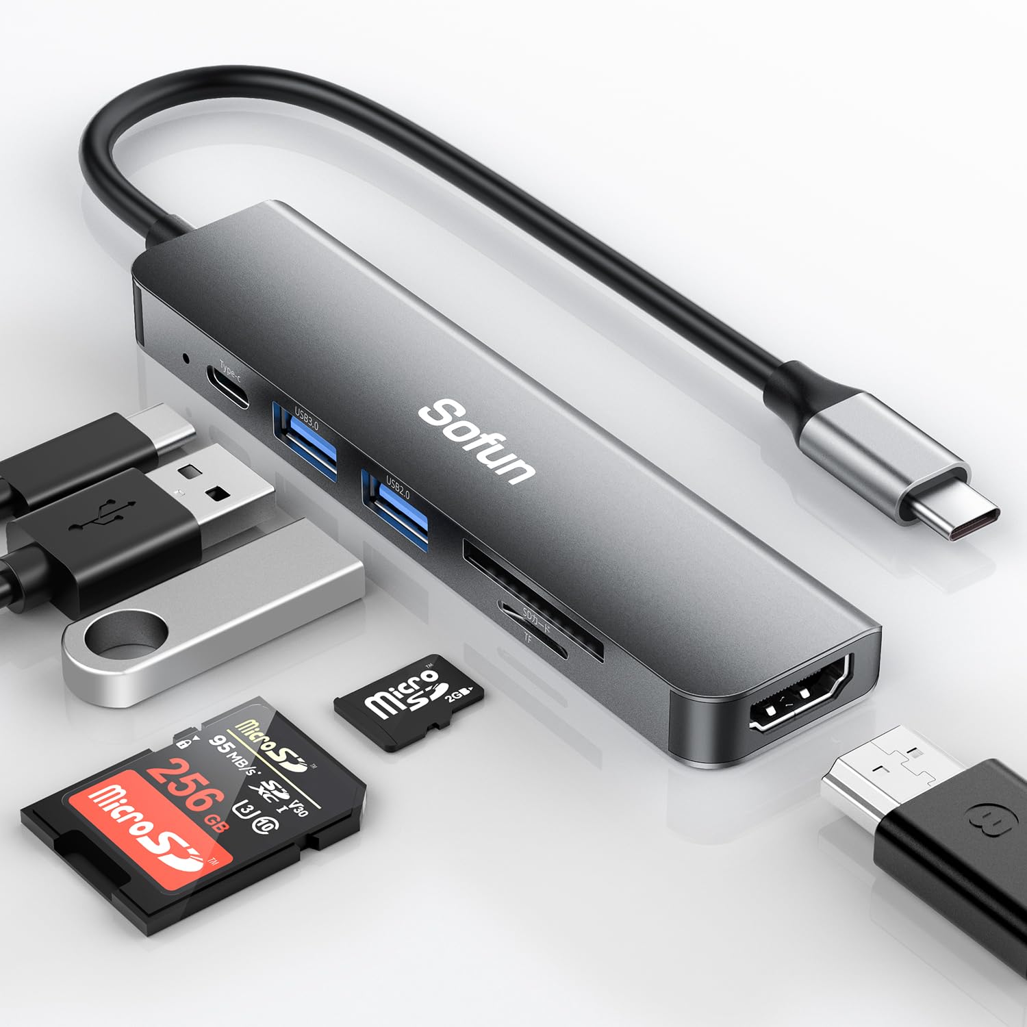 

USB-хаб 5 Гбит/с Высокоскоростная передача 6 портов HDMI 4K Выход Легкий Компактный USB-хаб Передача данных с карты PD 100 Вт Быстрая зарядка Совместим с ноутбуком серый