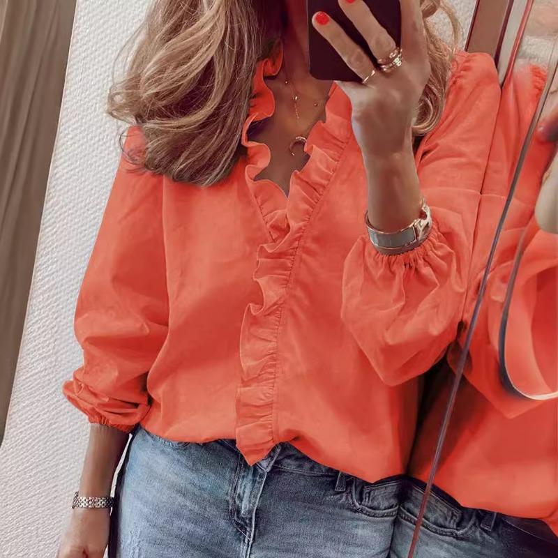 

Женская рубашка с длинным рукавом, однотонная, с оборками, для весны и лета S оранжевый