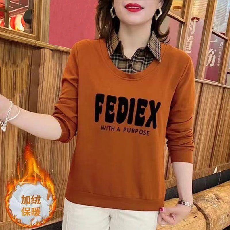 

Флисовый утолщенный свитер женский осенне-зимний с лацканами и длинными рукавами, футболка с имитацией двух частей с термотопом внутри 4XL оранжевый