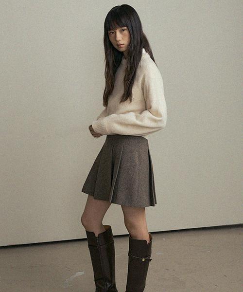Lingseoul Wool Pleated Short Skirt-Brown