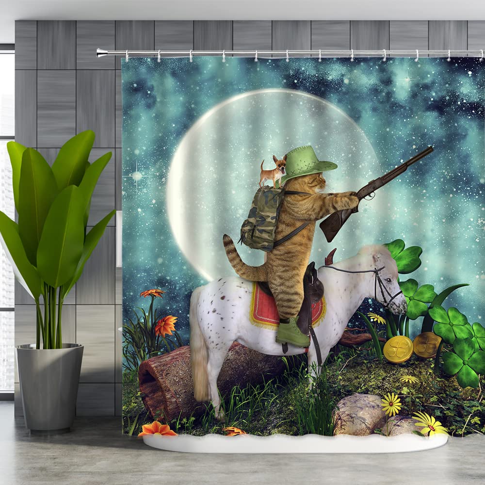 Funny Animals Shower Curtain,Cat Cowboy With Rifle Rides A Horse On Green Grass Ranch With Cow Dog Shower Curtains For Bathroom