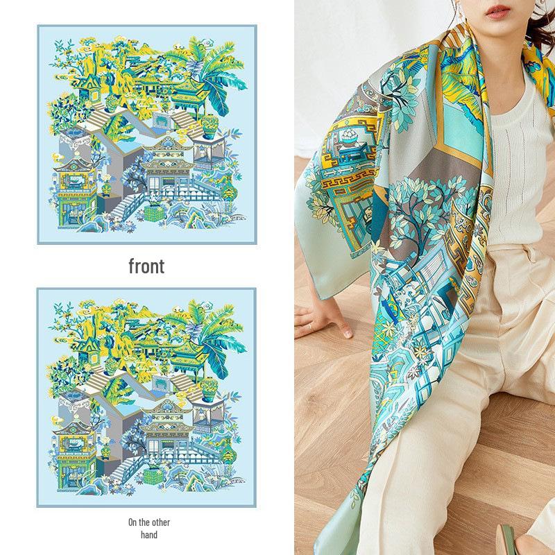Luxurious Double-sided Silk Scarf with European and Chinese Prints - Hangzhou Silk Business Gift Scarf 106*106CM