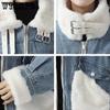 Winter Women Warm Fur Collar Denim Jackets Spliced Lapel Vintage Plush Zipper Parkas Girl's Casual Thick Coats Streetwear