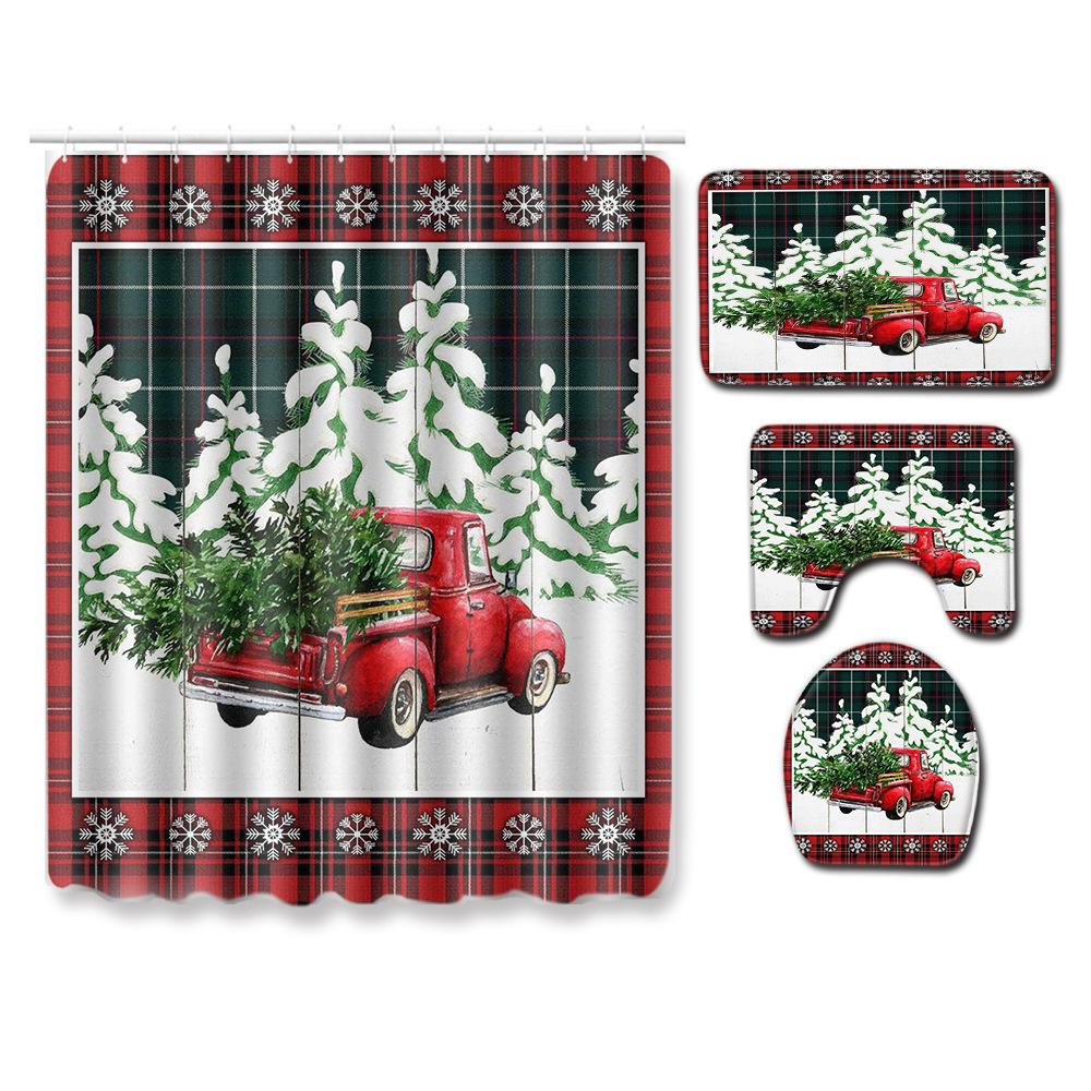 Christmas Shower Curtain Floor Mat Combination Four-Piece Set Bathroom Toilet Carpet Shower Room Mat Foot Mat