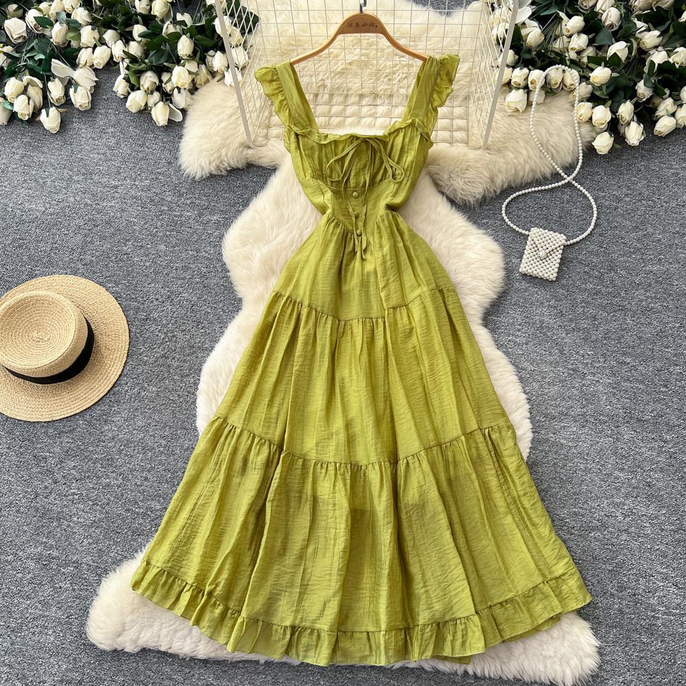 French Romantic Style Suspender, Playful Sleeveless Dress, Women's Summer Strap, Waist and Thin A Word Cake Skirt, Vacation Style