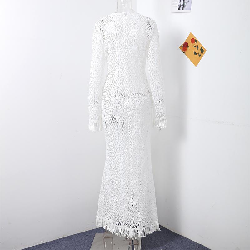 Sexy Tassel Hallow Out Midi Dress Women Solid Long Sleeve O-neck Holiday Slim Dresses Female 2024 Summer Fashion Crochet Robe