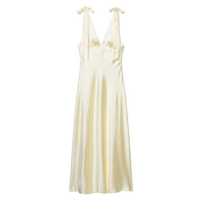 Kaslead New Women Clothes Western Style Bowknot Decoration Silk Satin Texture Midi Dress 8392331