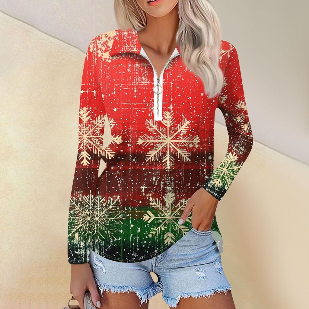 Ladies Spring Autumn Fashion Casual Christmas Printed Zip V-Neck Long Sleeve  Shirt Top
