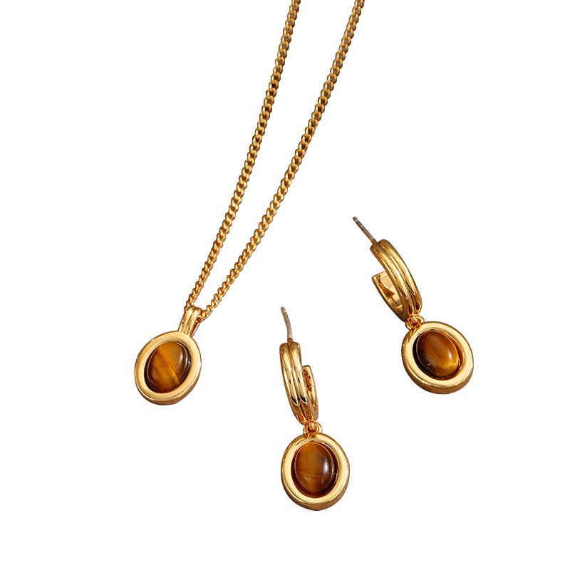 Tiger's Eye Pendant Jewelry Set – Gold Tone Minimalist Necklace Huggie Earrings, Natural Stone Boho Gift for Women