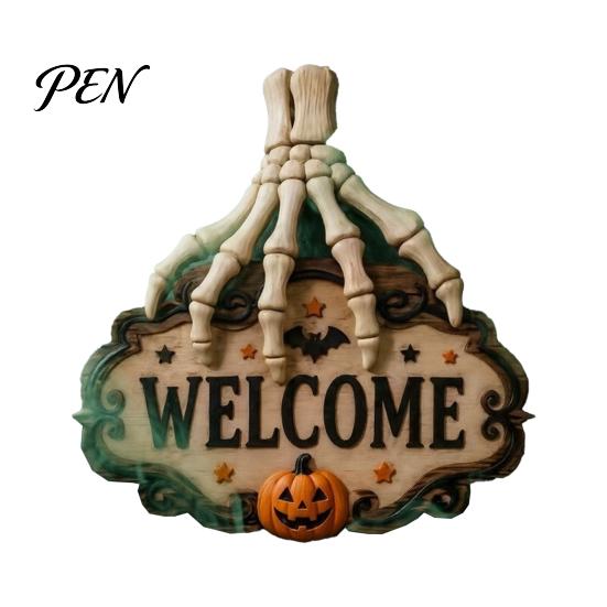 Outdoor Party Decorations Halloween Wooden Welcome Sign, Spooky Skull Frog Crow Witch Door Hanger, Hanging Plaque 2D Wall Sign for Home Decor Creative