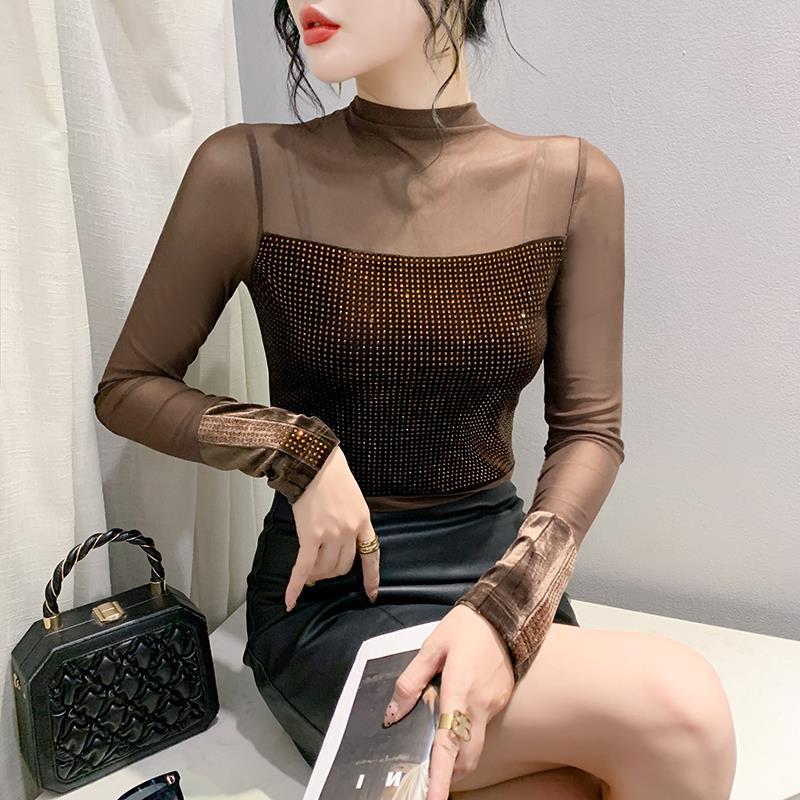 

European Autumn Velvet Long Sleeve Mesh Top with High Neck for Women M зелений