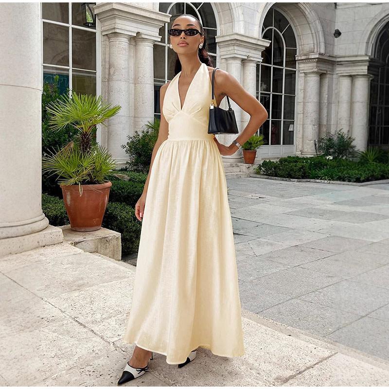 

2025 Новое женское летнее хлопковое длинное платье без рукавов сексуальное платье макси с V-образным вырезом в стиле бохо свободный стиль длинное платье одежда M абрикосовый