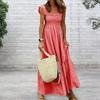 Square Collar Sleeveless Ruffle Trim Summer Dress Plaid Print Stitching Large Hem Sling