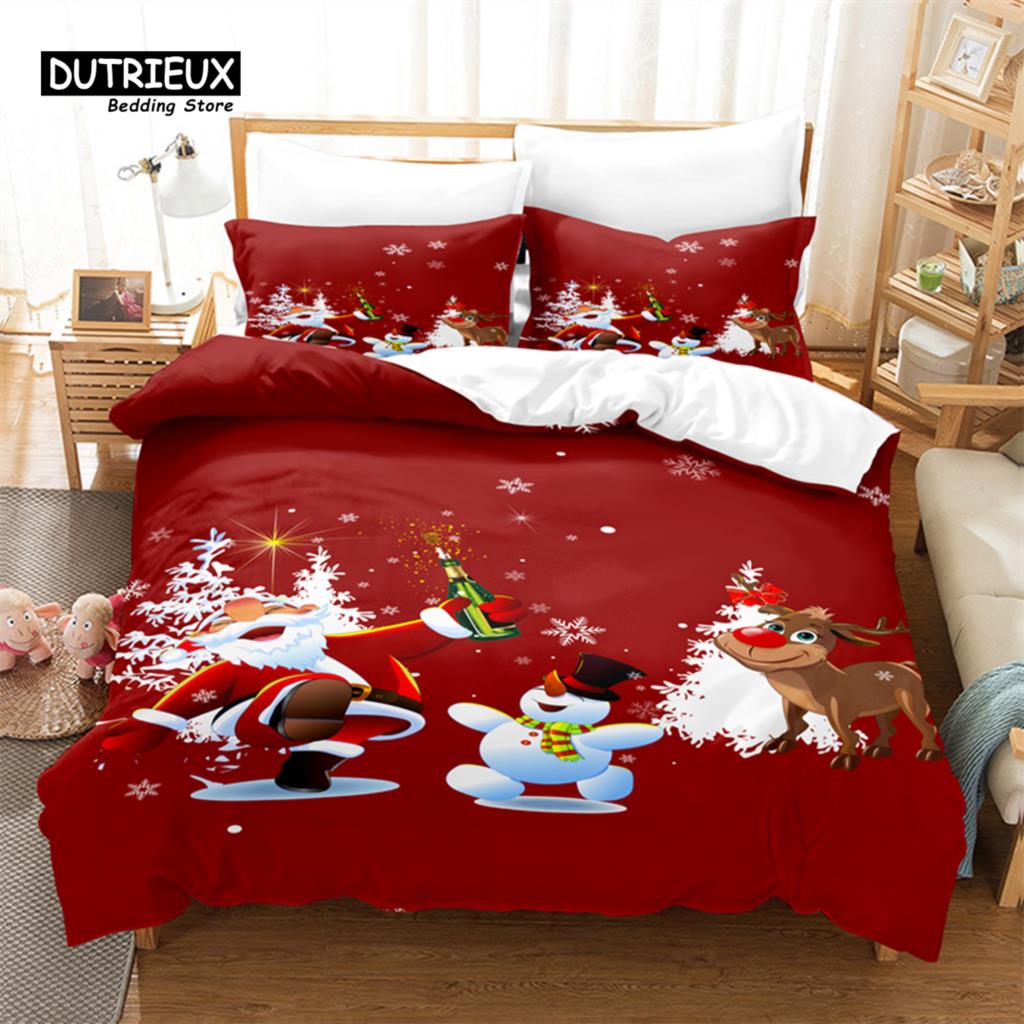 Red Christmas Bedding Set, 3Pcs Duvet Cover Set, Soft Comfortable Breathable Duvet Cover, For Bedroom Guest Room Decor