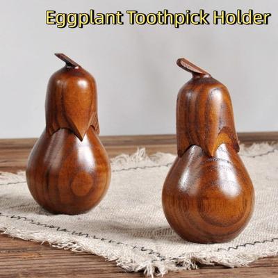 Cute Hand-Carved Eggplant Toothpick Holder Portable Stable Wooden Toothpick Box Simple Toothpick Case Hotel