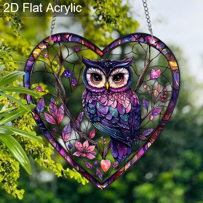 2D Flaches Herz Acryl Eule Fensterdeko, Buntglas-Effekt Hängendes Ornament für Zuhause, Schlafzimmer, Küche, Niedliches Geschenk für Freunde & Familie