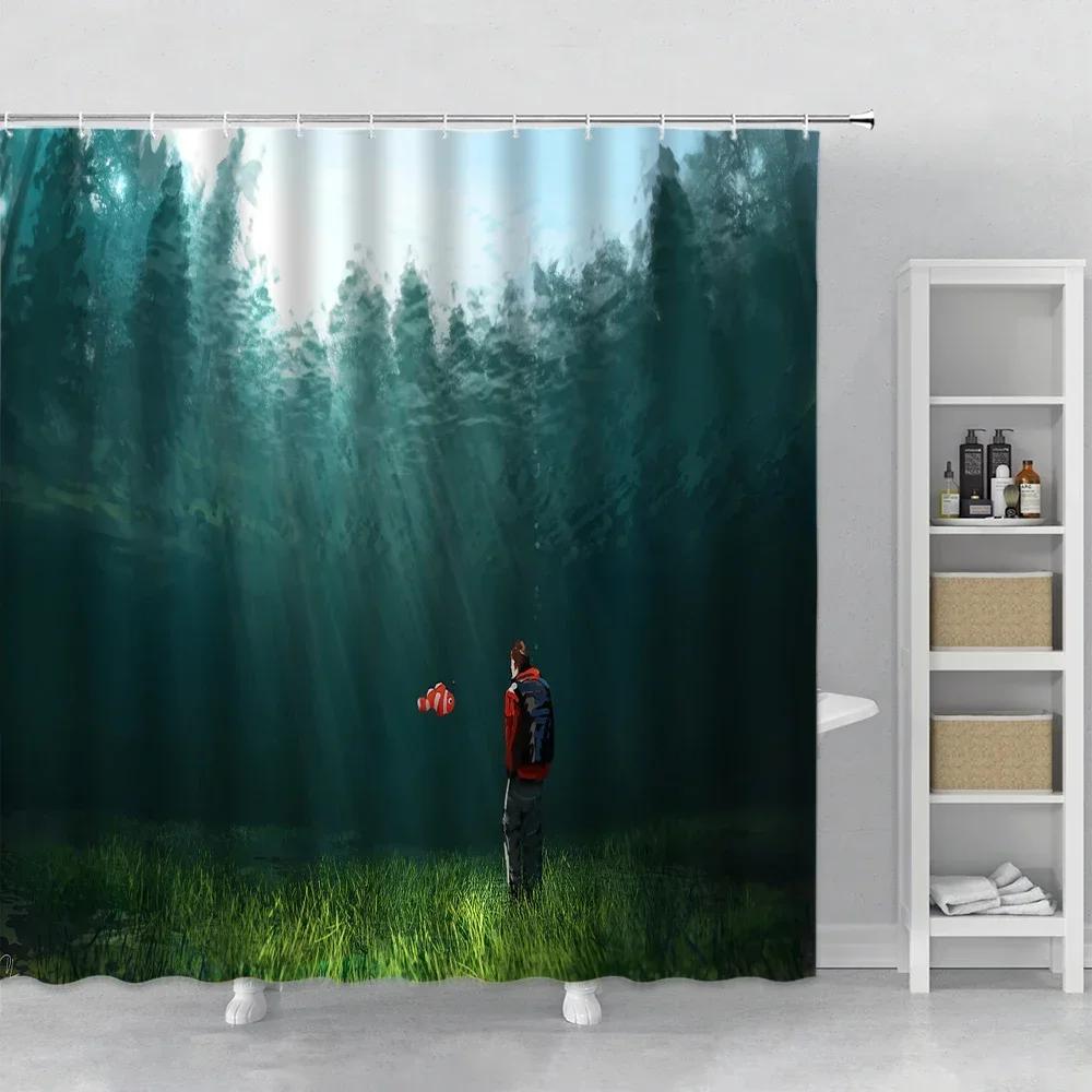 Green Forest Landscape Shower Curtain Set Hooks Spring Tree Senery Home Decor Bath Curtain Polyester Fabric Cloth for Bathr.