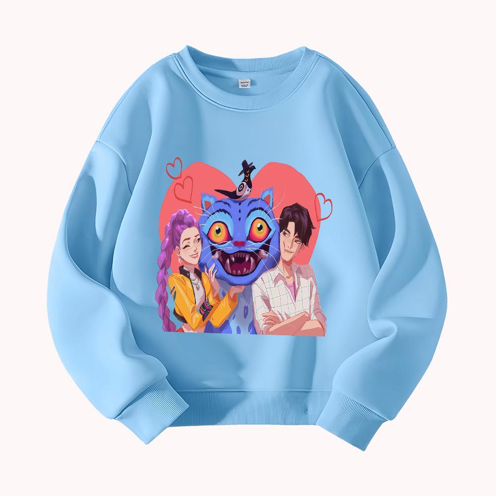KPop Demon Hunter Cute Cartoon Cat Couple Print Round Neck Loose Pullover Sweatshirt for Men Women