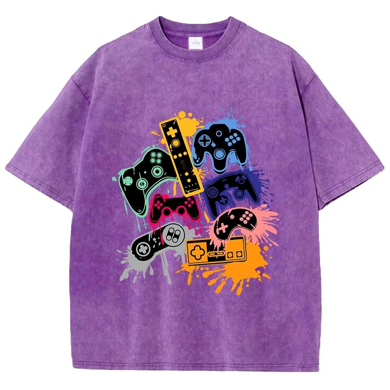 Game Console Graffiti Printing Washed TShirt Cotton T Shirts ONeck Comfortable Distressed Tops Summer Mans Clothes