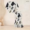 Women Plus Size Round Neck Batwing Sleeve Printed Ruffle Hem Top Fishtail Skirt Two Piece Set