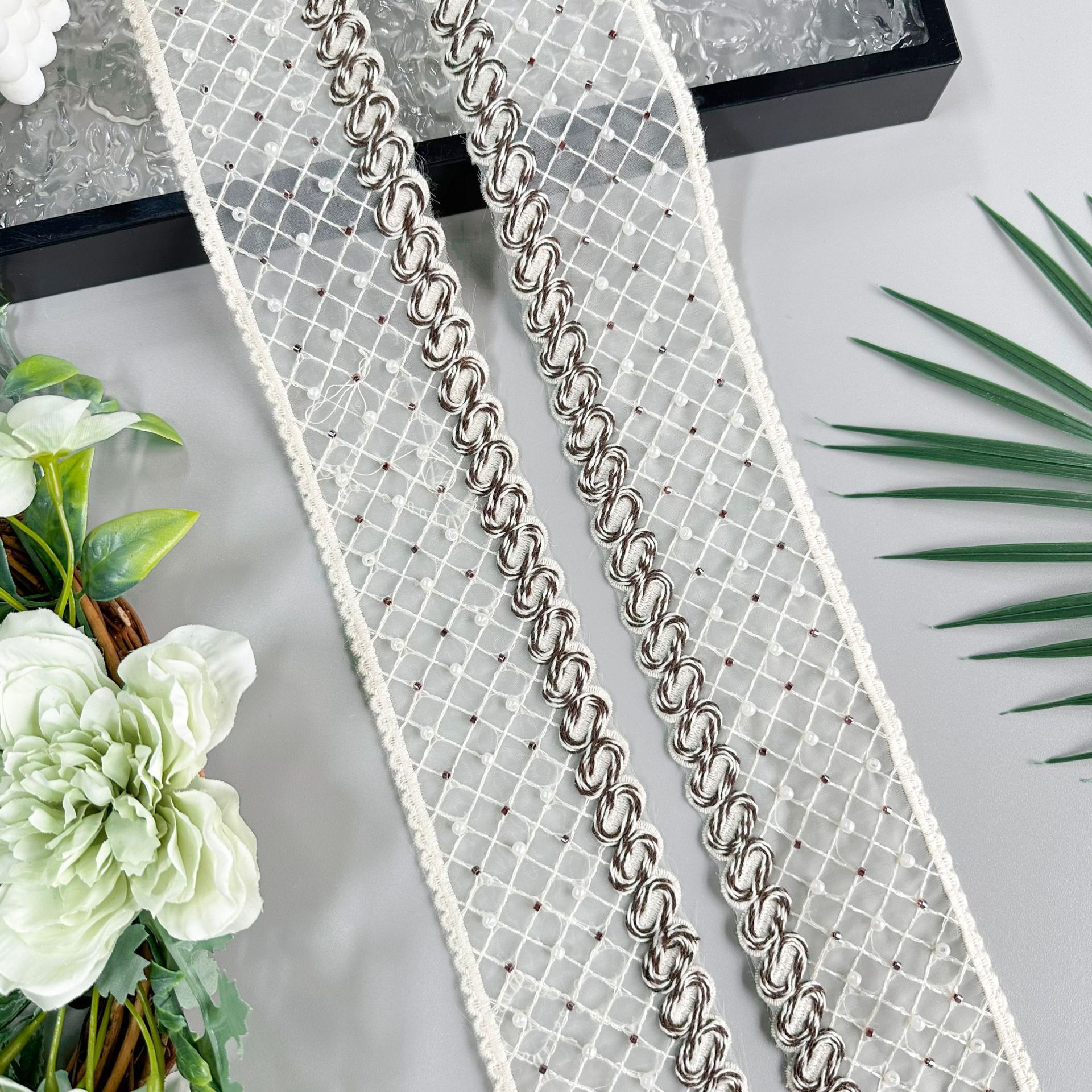 

6 см Многоцветная органза Вышивка бисером Прядь Штрих-код Одежда Платье Платье Дом Кружевные Аксессуары T3182 brown one size