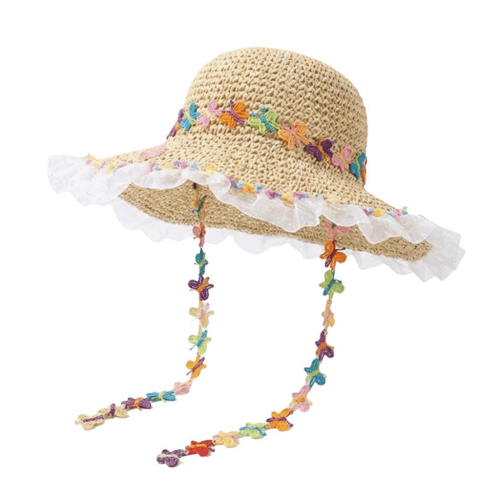 Breathable Sun Protection Straw Hat Nylon Floral Tie Lace Trim Large Brim Hat Lightweight Hollow Out Sunshade Hat Summer