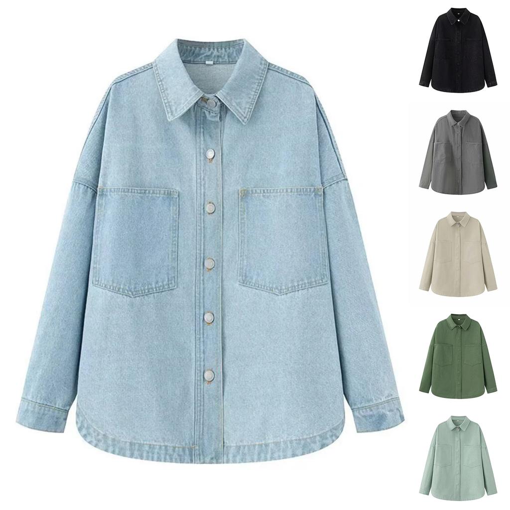 Women's Fashion Retro Loose Casual Large Pocket Denim Shirt Jacket