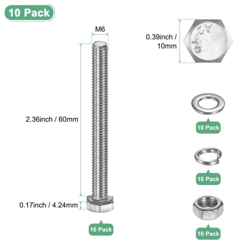 METERXITY 10-Pack Hex Head Screws, Bolts, Nuts, Flat Washers, and Lock Washers, M6x60mm Stainless Steel Bolt and Nut Kit for Equipment/Machinery, Full