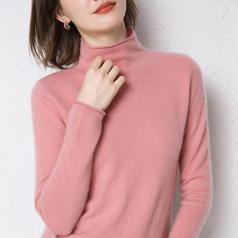 Women's Rolled Hem Half-High Neck 100% Wool Sweater - Stylish Autumn/Winter Base Layer