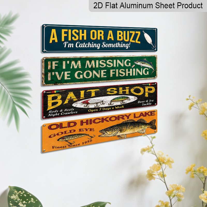 2D Flat 4Pair/Set Rustic Fishing Quote Aluminium Decorative Sign, Bass Fish Fishing Lure Vintage Aluminum Wall Plaque, Farmhouse Cabin Man Cave