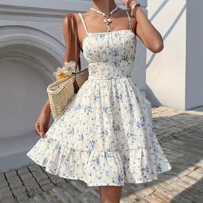 Women's Summer Holiday Floral Print Ruffle Hem Thin Shoulder Strap Beach Dress Bohemian Clothing