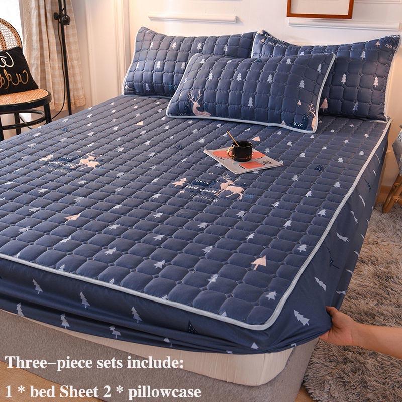 Bed Pillowcase Three-piece Non-slip Fixed Bed Cover Thickened Cotton Breathable Dust-proof Cover Mengsi Protective Cover Double Bed Set