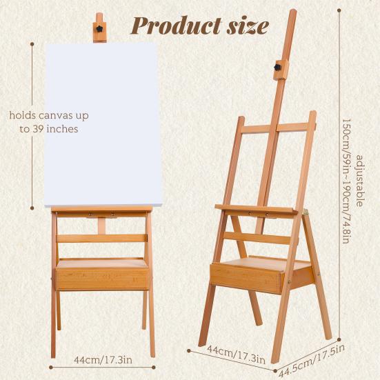H Frame Easel, French Easel with Drawer, Solid Beech Wood Easel, Painting Canvas Holder Stand, Tilts Flat Artist Easel, Height Angle Adjustable
