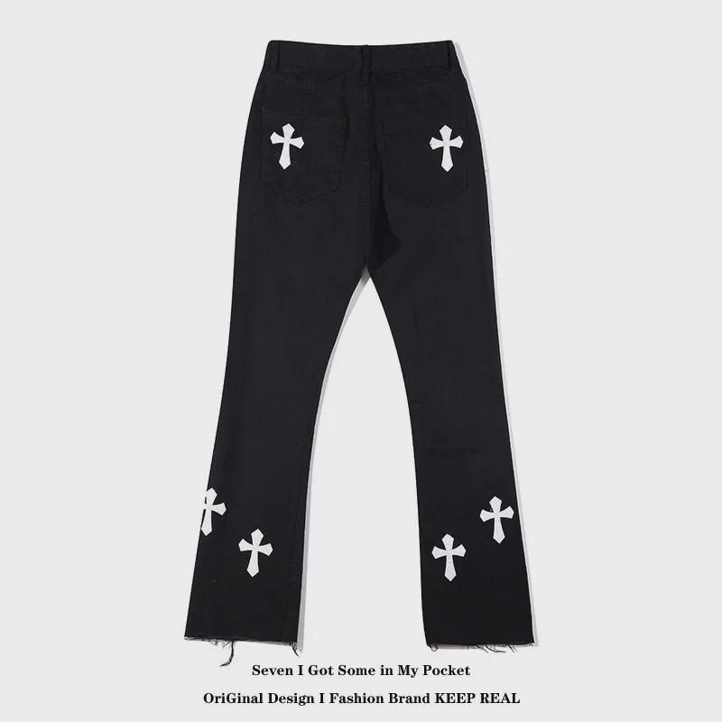 Men's Black and White Cross Raw Edge Flared Jeans - European & American High Street Style